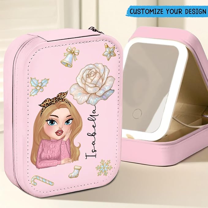 Wrappiness Floral Makeup Box Gifts for Girl Woman - Bloom Heart Personalized Jewelry Box with LED Mirror – Elegant PU Leather Storage for Women, Girls, Sisters, Granddaughters