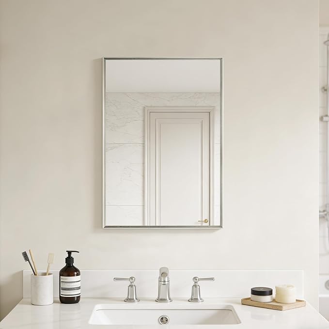 Bathroom Mirror for Wall, 16x24 Inch Metal Framed Mirror, Brushed Nickel Rectangle Mirror, Bathroom Vanity Mirror Farmhouse, Tempered Glass, Anti-Rust, Hangs Horizontally or Vertically