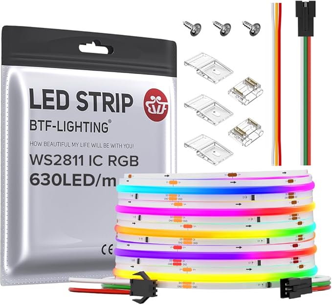 BTF-LIGHTING FCOB WS2811 IC RGB COB LED Strip 16.4FT DC24V 630LED/m Flexible High Density Uniform Chasing Color Light 14IC/m 10mm Width Dream Color for Home Indoor Decor(No Adapter or Controller)