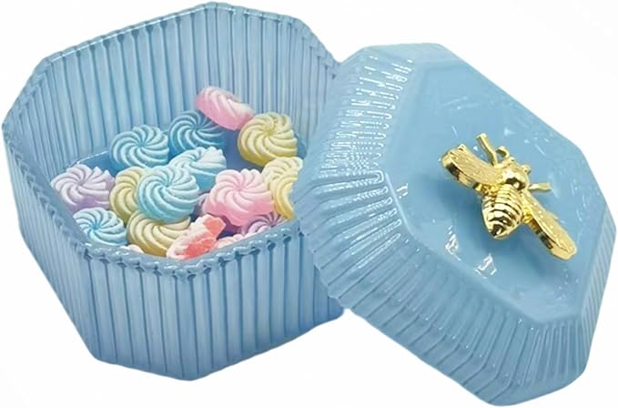 Cute Glass Candy Box - Glass Jar with Lids for Storage Candy Cookie, Vintage Candy Jar Candy Dish for Office Desk Buffet,3.34x3.34x2.68 H IN-GRB020-Blue