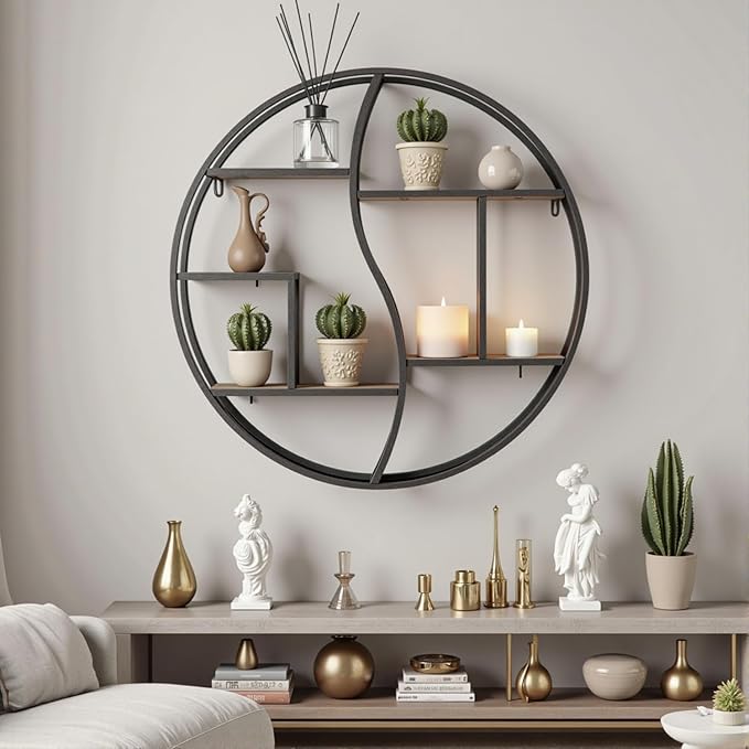 Round Wall Shelf,24 inch Metal Circle Shelf Wood Floating Shelves,Rustic Black Wall Mounted Display Organizer Shelf for Fireplace,Living Room,Bathroom