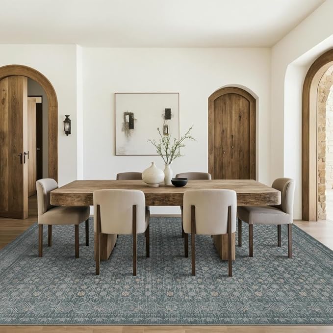 8x10 Washable Area Rug for Living Room, Extra Large Vintage Boho Rugs for Dining Room, Kids Room, Farmhouse, Durable Low Pile Non Slip Carpet for High Traffic Areas, Soft Blue