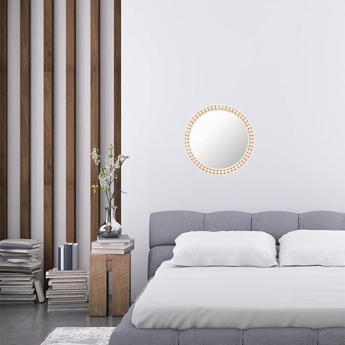 Eorbow Boho Wall Mounted Mirror, 12 Inch Round Wooden Bead Hanging Mirrors, Rustic Decorative Vanity Mirror, Farmhouse Circle Decor Mirrors for Living Room, Bedroom, Bathroom, Nursery