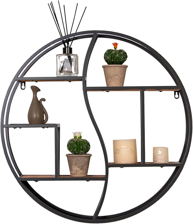 Round Wall Shelf,24 inch Metal Circle Shelf Wood Floating Shelves,Rustic Black Wall Mounted Display Organizer Shelf for Fireplace,Living Room,Bathroom