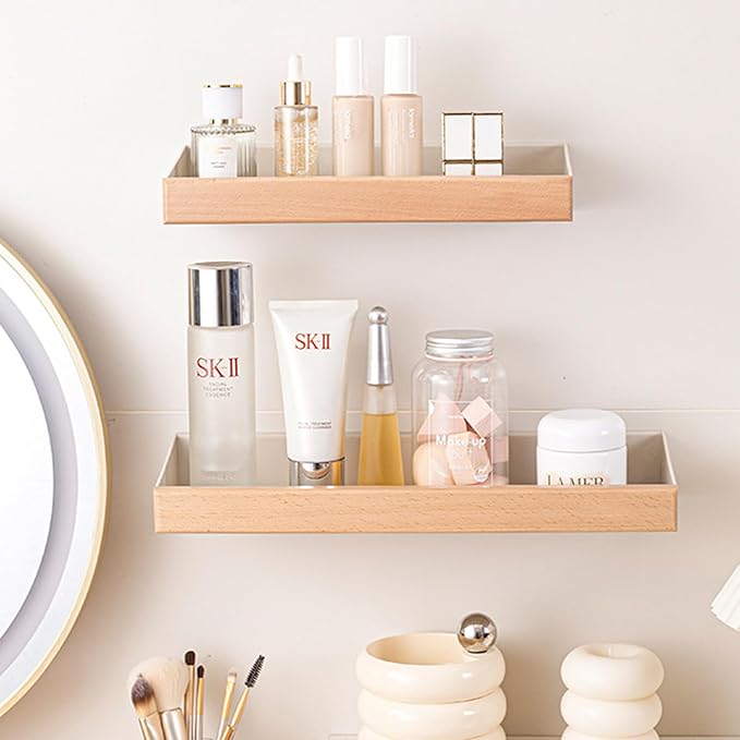12 Inch Adhesive Floating Shelves for Wall, White Wall Shelves No Drill with 1 Inch Height Wooden Decor, Plastic Adhesive Shelves Shower Organizer for Living Room, Bedroom, Office and Kitchen