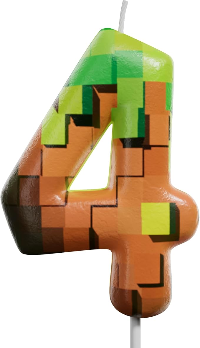 Pixel Miner Number Candle for Birthday Cake - 2.7 Inch Video Game Themed Party Decoration, Dynamite Style Cake Topper for Boys Girls Kids Anniversary Supplies(Retro Art, 4)