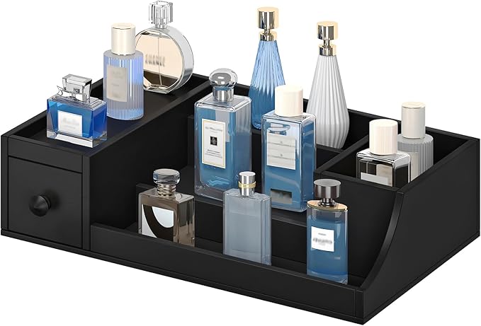 HOOBRO Cologne Organizer for Men, 3 Tier Bamboo Perfume Organizer with Velvet-Lined Drawer and Hidden Compartment, Wooden Perfume Display Holder, Ideal Gift for Boyfriend, Dad, Black BK29CJ01