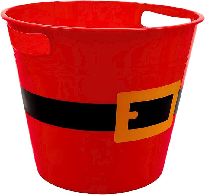 Christmas Santa Belt Bucket, 7.95in. x 8.32in. Holiday Gift Red Pail Basket with Handles Party Favor Stackable Containers Goodie Bags Treat Holders Christmas Décor Craft Decorative Storage