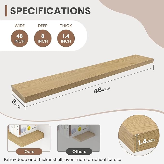 Acovy 48 Inch Floating Shelves, 8 Inch Deep Floating Shelves for Wall, Hanging Shelf with Invisible Brackets, Deep Shelves for Bathroom, Bedroom, Living Room, Oak, Set of 2