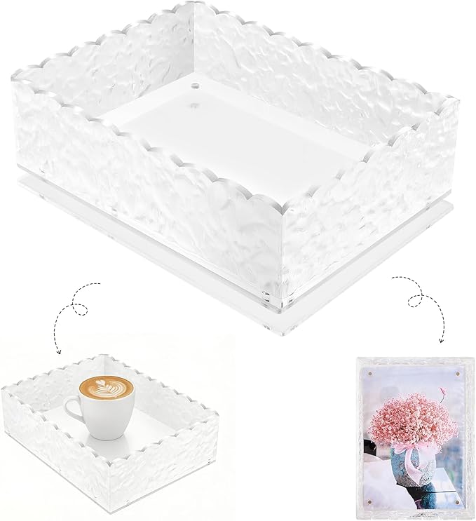 7.5"x5.5" Scalloped Acrylic Tray with Magnetic Mat - All-in-One Organizer for Jewelry, Makeup, Desk & Vanity, 2-in-1 as Tray & Photo Stand, for Women, Mom, Bride