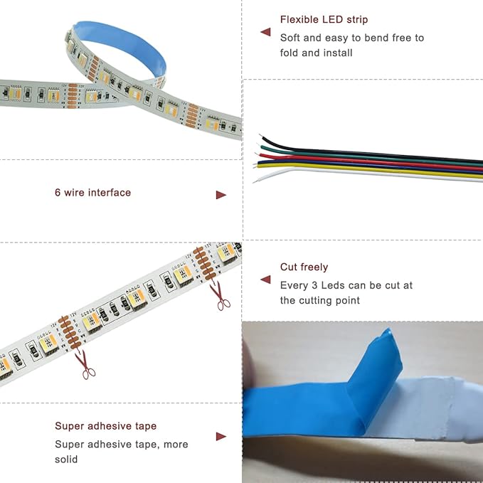 12V 5 in 1 LED Strip Lights RGB + CCT, RGB + White + Warm White (2800K to 6500K) RGBCW 5M Mixed Colour Adjustable Light Strips IP20 300 LEDs for Bedroom, Kitchen, Advertising Decoration