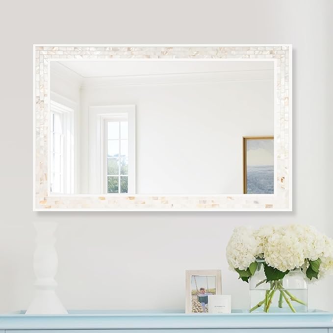 Tanmicoshomy 26 x 40 Inch Rectangle Bathroom Mirror, Natural Shell Framed Rectangular Mirror for Bathroom, Bedroom, Living Room or Entryway, Wall Mounted Horizontal or Vertical