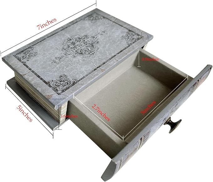 Vintage Book Storage Box with Drawer, Distressed Gray Faux Leather Cover with Ornate Baroque Design, Hidden Organizer for Jewelry or Office Bookshelf Decor 7″ x 5″ x 1.6″
