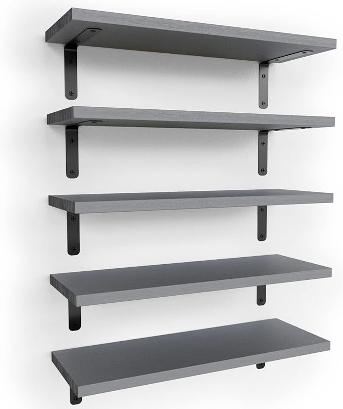RICHER HOUSE Rustic Wood Bathroom Shelves Set of 5, Farmhouse Style Floating Shelf for Wall Décor, Hanging Shelves for Bedroom, Storage, Kitchen, Living Room - Gray