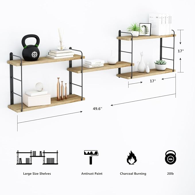 MXCSE Wall Shelves, Wall Mounted Bookshelves, DIY Floating Shelves for Wall, Wood Hanging Book Shelves for Room, Bedroom, Living Room, Easy Installation (Wooden, 50W x 17H)