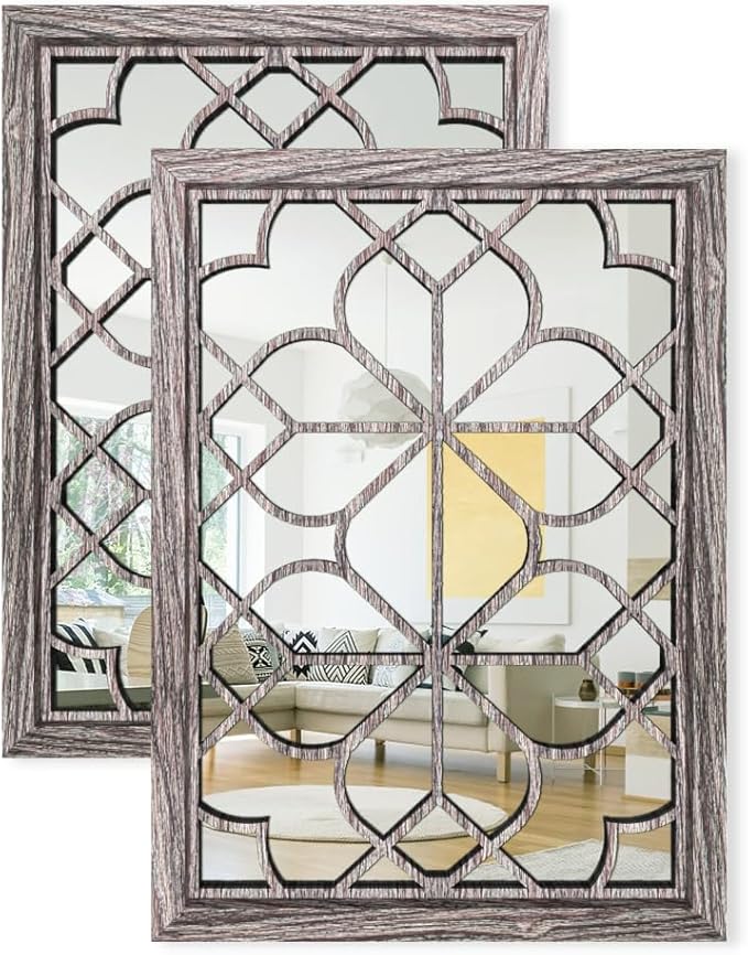 Set of 2 19x26 Inch Large Brown Shatterproof Rectangular Wall Mirrors, Boho Rustic Farmhouse Vintage Accent Mirrors for Living Room Bedroom Entryway Dining Room & Home Decor