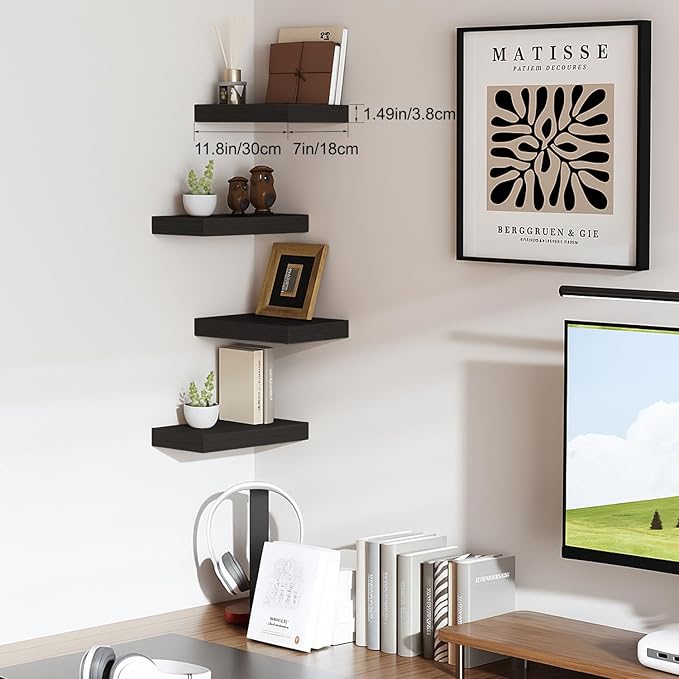 Floating Shelves Bathroom for Wall, Bathroom Shelves Over Toilet, Wall Shelves & Book Shelf, Hanging Shelf, Modern Wooden Wall-Mounted Small Floating Shelves, 12x7x1.5 in (Black, Set of 2)