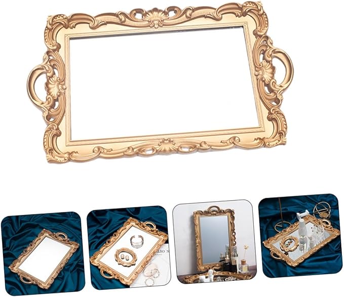 BESTYASH Retro European Mirror Tray for Cosmetics Storage, Golden Rectangular Makeup Organizer Plate, Decorative Vanity Tray for Home Décor and Photography Display