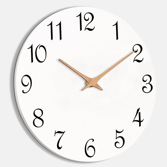 Mosewa Wall Clock White Silent Non Ticking Battery Operated Simple Minimalist Wooden Clock Decorative for Home Bedroom Living Room(14 Inch)