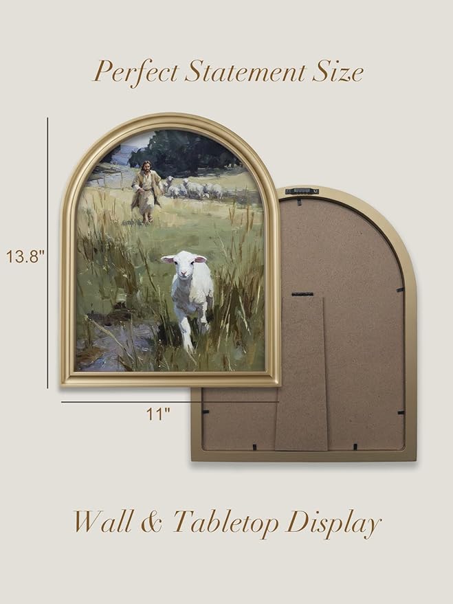 TwoDays Gold Vintage Christian Jesus Arched Wood Framed Wall Art – Jesus Leaves the 99 Sheep Canvas Picture, Religious Farmhouse Artwork Prints Wall Decor for Living Room, Bedroom (11" x 13.8")