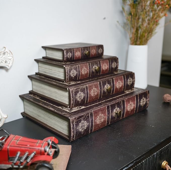 Vintage Decorative Book Storage Box with Drawer, Distressed Dark Brown Faux Leather Finish with Ornate Pattern, Hidden Keepsake Case for Desk or Bookshelf Display 9.5″ x 6.7″ x 2″