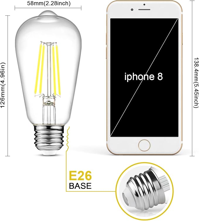 Ascher Vintage LED Edison Bulbs, 6W, Equivalent 60W, Non-Dimmable, Daylight 5000K, 700Lumens, ST58 Antique LED Filament Bulbs with 80+ CRI, E26 Medium Base, Clear Glass, Pack of 4