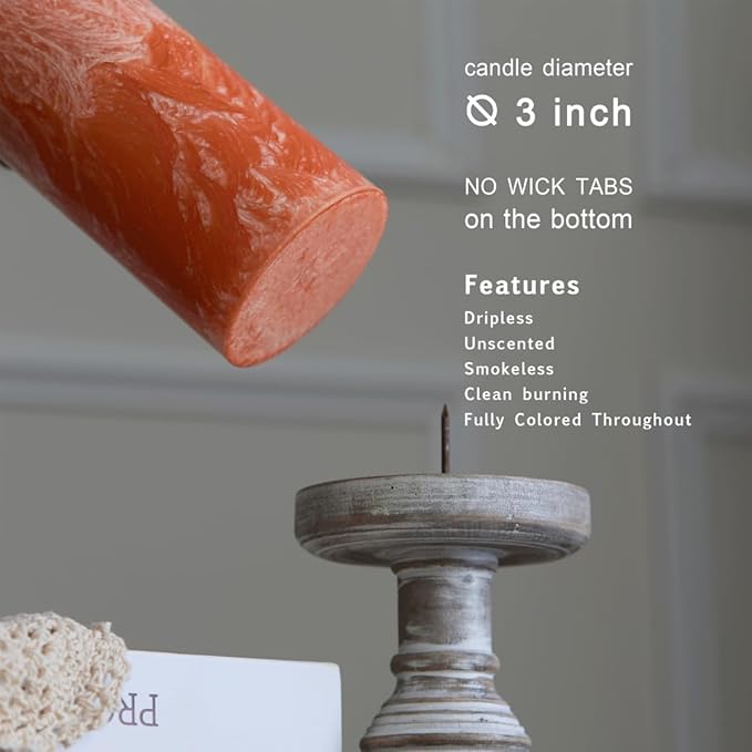 MOZEAL Hand-Poured, Unscented Orange Crystal Pillar Decorative Candles, Elegant Set of 3 in Different Sizes (3"x4", 3"x5", 3"x6"), Luxurious Décor for Fall Homes & Events