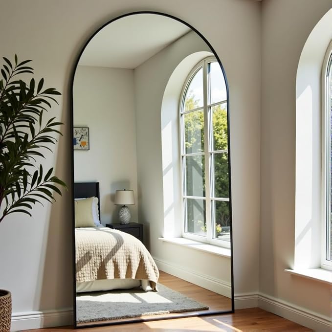 OGCAU Floor Full Length Mirror, 81"x41" Arched-Top Hanging, Leaning or Standing Mirror, Full Body Wall Mounted with Aluminum Frame for Living Room, Bedroom (Black)
