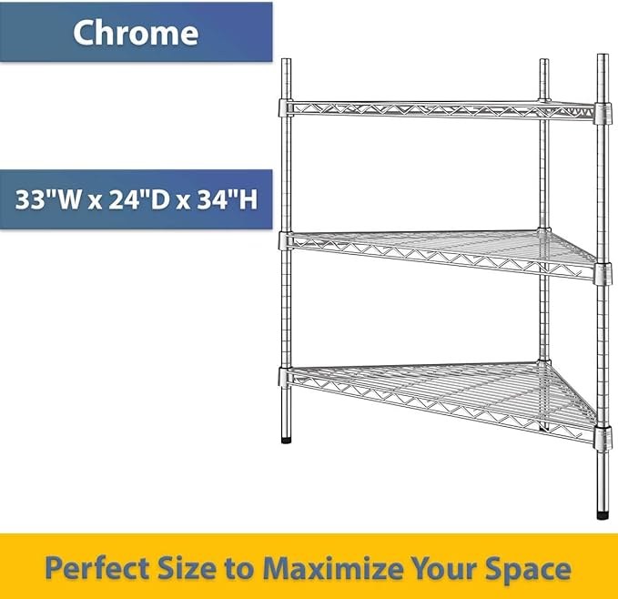 33" W x 24" D x 34" H NSF Chrome Triangle Heavy Duty Corner Shelving Kit, 3-Shelf Adjustable Wire Rack