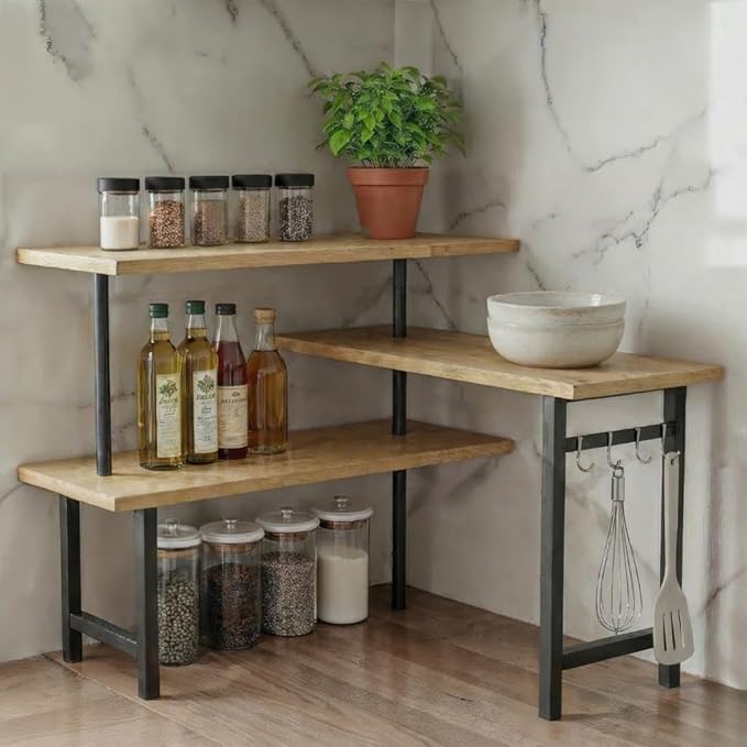 3-Tier Bamboo Corner Countertop Organizer with Extended Top Tier, Corner Shelf for Kitchen Counter, Coffee Bar Organizer, Bathroom Counter Organizer, Kitchen Corner Shelf, Space Saver