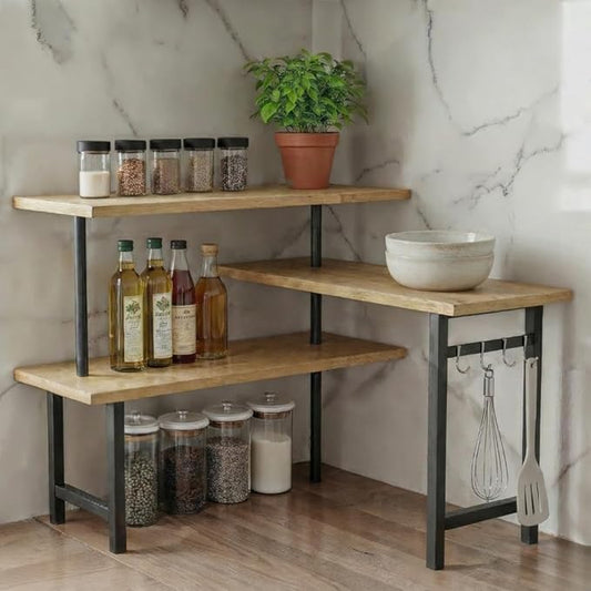 3-Tier Bamboo Corner Countertop Organizer with Extended Top Tier, Corner Shelf for Kitchen Counter, Coffee Bar Organizer, Bathroom Counter Organizer, Kitchen Corner Shelf, Space Saver