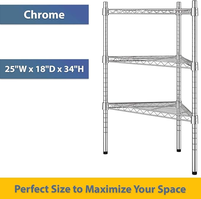 25" W x 18" D x 34" H NSF Chrome Triangle Heavy Duty Corner Shelving Kit, 3-Shelf Adjustable Wire Rack