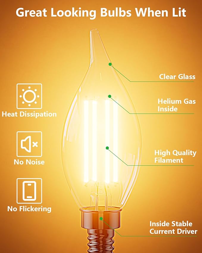 CYLYT E12 Chandelier Bulb 40 watt Equivalent, Dimmable LED Candelabra Light Bulbs 4W, 2700K Warm White 470 Lumen Lightbulbs, CA11, UL Listed, Pack of 12