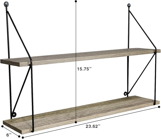 Sorbus® Floating Shelf with Metal Brackets — Wall Mounted Rustic Wood Wall Storage, Decorative Hanging Display for Trophy, Photo Frames, Collectibles, and Much More (2-Tier – Grey)