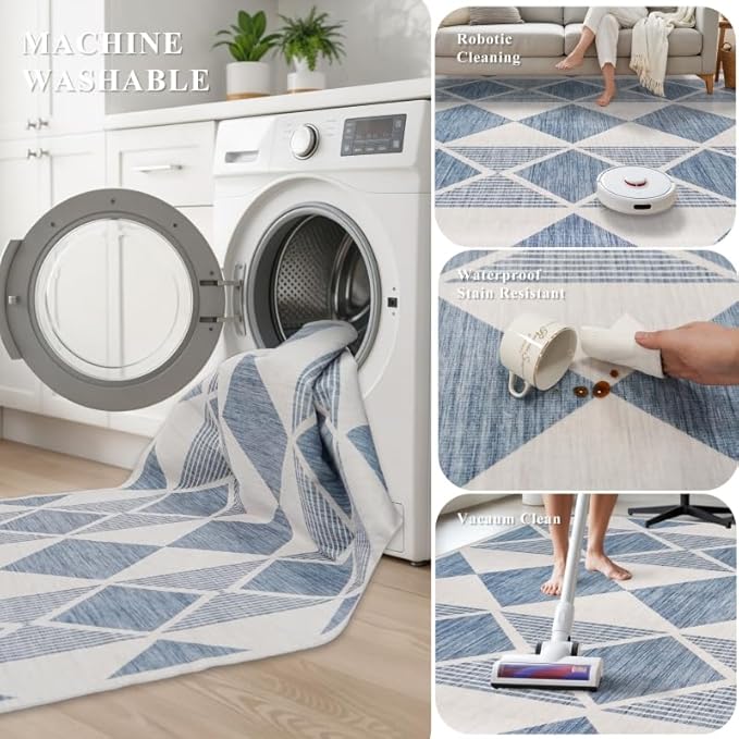 4x5 Washable Entryway Office Rug: Mid Century Modern Area Rugs Geometric Non Slip Soft Low Pile Indoor Carpet for Living Room Bedroom Kitchen Bathroom Entrance (Blue White, 4X5)