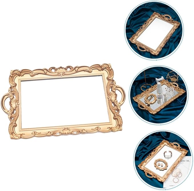 BESTYASH Retro European Mirror Tray for Cosmetics Storage, Golden Rectangular Makeup Organizer Plate, Decorative Vanity Tray for Home Décor and Photography Display