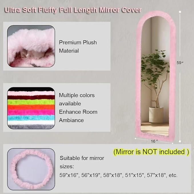AnorTrek Fluffy Mirror Cover for Arched & Full-Length Mirrors (59"x16") – Stretch Fabric, Non-Slip Backing, Decorative Protector – Soft & Durable Décor (Mirror Not Included)