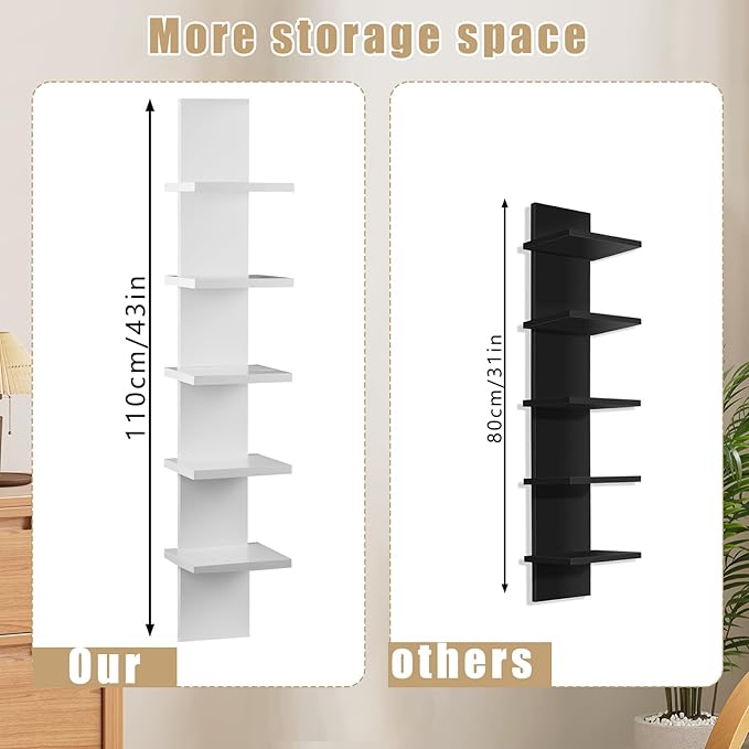 Extended 5 Tier Wall Shelf Unit - 43.3" Length Lack Display Floating Shelf, Narrow Smooth Laminate Finish - Vertical Wall Decor Mount Floating Storage Home Decor Tall Tower Utility Shelf(White)