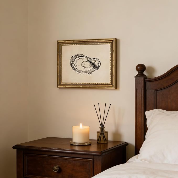 Gold Framed Wall Art Vintage Oyster Shell Sketch Wall Art Rustic Kitchen Cottagecore Seashell Wall Decor Picture Summer Beach House Still Life Poster Print for Living Room Dining Room 9x11in