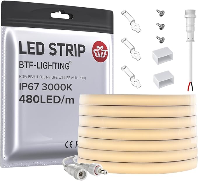 BTF-LIGHTING FCOB COB LED Strip IP67 Waterproof Flexible High Density Uniform Diffused Neon Light 16.4FT DC24V Warm White 3000K 480LED/m CRI 90+ for Indoor Decor(No Adapter or Controller)