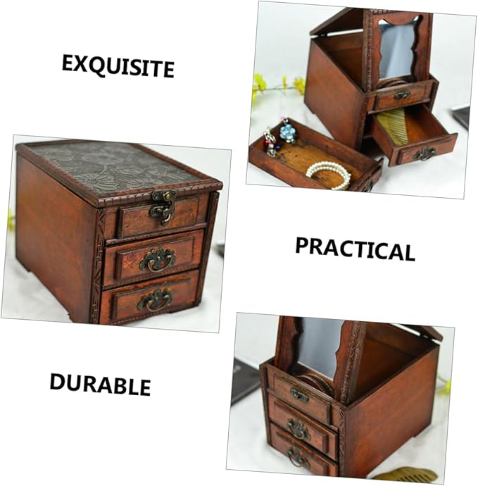 OUNONA Vintage Chinese Jewelry Box with Mirror Multi Functional Jewelry Storage Organizer for Makeup and Accessories Dustproof Wooden Case Ethnic Style Vanity Decor Gift
