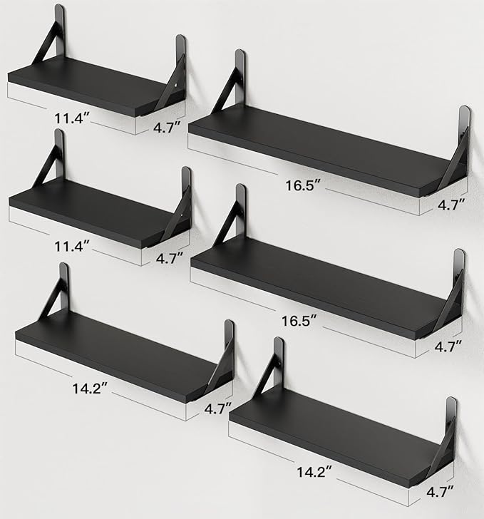 AMADA HOMEFURNISHING Wall Shelves Set of 6, Wood Floating Shelves for Decor, Rustic Farmhouse for Bedroom, Bathroom Storage, Book Shelves for Living Room, Black