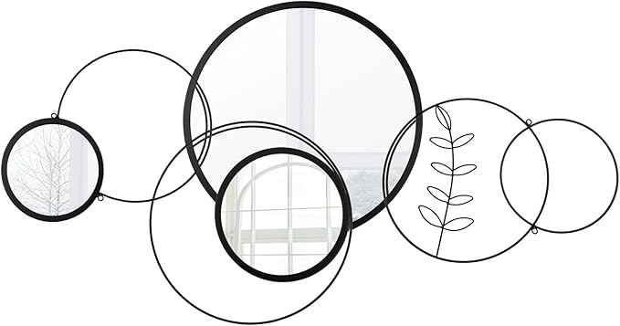 Hicarer Wall Mirror Decorative 41.34'' x 17.72'' Round Modern Metal Wall Mirrors Set for Living Room Circle Plates Overlapping Decorations for Hallway Entryway(Black)