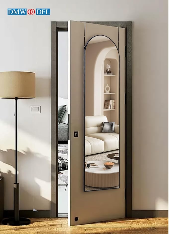 DMWOODFL Over The Door Full Length Arched Mirror - 14"x48", Tempered Glass & Aluminum Frame, No Drill Installation for Bedroom, Bathroom, Closet, Entryway (Black)