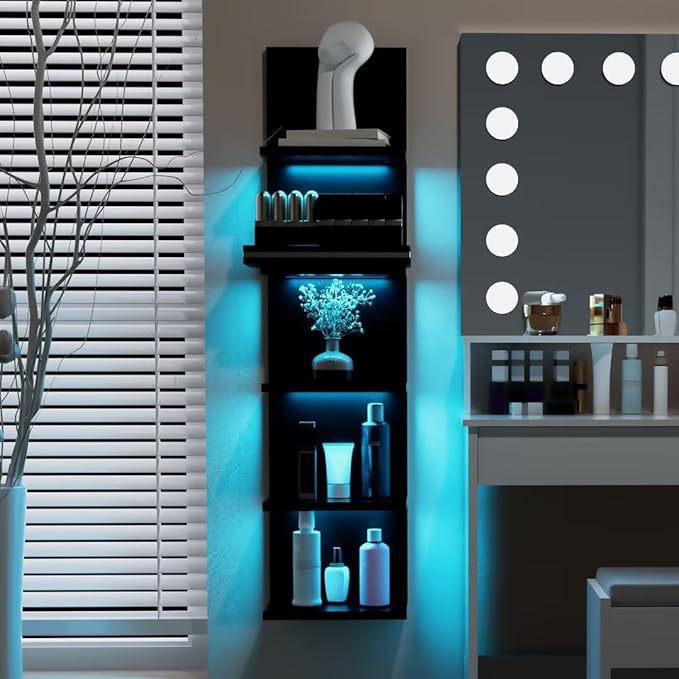 VIWODS 5-Tier Wall Shelf Unit with RGB Light, Floating Lack Shelf for Storage, Wall Mounted Vertical Display Shelf for Bedroom Living Room Vanity, Black