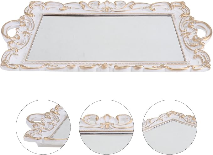 ULTECHNOVO Vintage European Style Mirror Tray Perfume Storage Plate Decorative Makeup Organizer White Rectangular Retro Mirror Tray for Photography and Home Décor