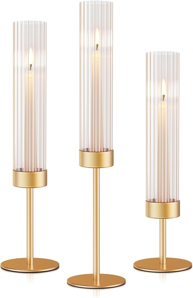 Gold Hurricane Candle Holders: Fluted Tall Candlestick Holders for Wedding Brass Taper Candle Holder Modern Candle Sticks Holder Decor for Table Centerpiece Christmas Party Home Set of 3