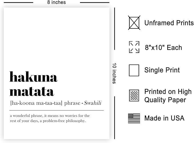 Poster Master Typography Poster - Definition of Hakuna Matata Print - Dictionary Art - Motivational Gift for Him & Her - Inspiring Wall Decor for Bedroom or Living Room - 8x10 UNFRAMED Wall Art