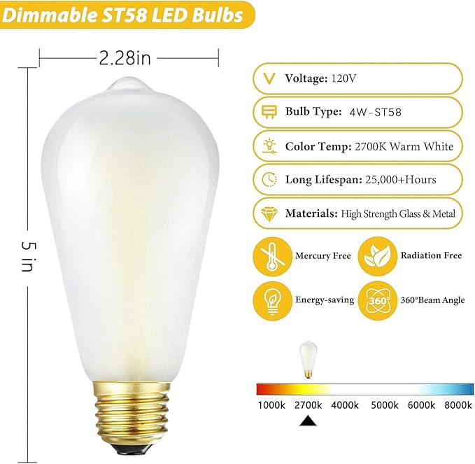 Dimmable e26 Frosted LED Edison Bulbs, 4W, Equivalent 40W, 400LM,Warm White 2700K,AC120V,ST58 Frosted Light Bulbs with 90+ CRI,Pack of 6 (4W=40W Warm White)