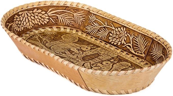 Birch Bark Bread and Pastry Basket, Bread Storage Container and Fruit Basket for Serving Set (Squirrels Design)